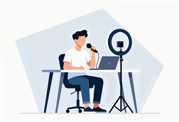 Vector illustration of a person streaming or recording with a microphone, ring light, and laptop at a desk