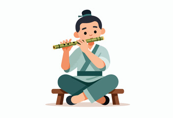 A cartoon figure, wearing traditional clothing, sits on a stool, playing a bamboo flute. White background