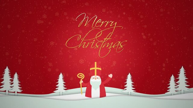Sinterklaas Saint Nicholas Cartoon Animation Saying Merry Christmas in Winter Season with Red Snowy Background