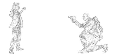 A distressed man in a suit and tie holds a gun while posed against a white background. The wireframe style suggests a police or security training simulation.