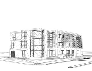 A minimalist black and white architectural contour drawing of an urban house. The detailed facade features numerous windows against a clean white background.