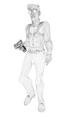 A cartoon secret agent man in a cap and glasses holds a gun, depicted as a clean 3D wireframe model on white.