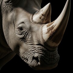 Detailed rhino portrait showcasing texture and form in striking monochromatic light