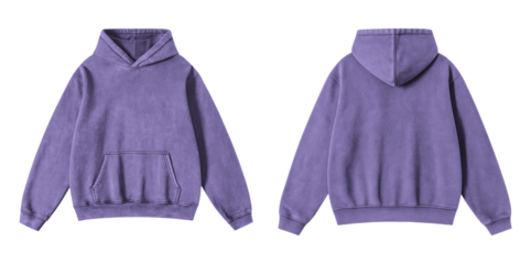 Blank Washed Soft Purple Hoodie Front and Back View Isolated on Transparent Background for Mockup