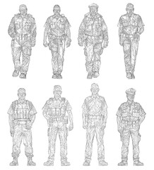 Naklejka premium Black and white soldier wireframe in various tactical poses, depicted in clean line art style against a plain white background. The uniformed male figures suggest police or special forces. Front view