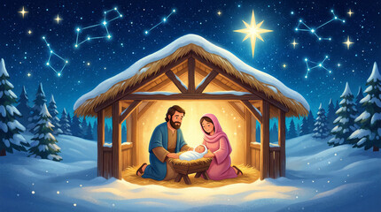 Nativity scene illustration with Mary, Joseph, and baby Jesus in a snowy stable under a starry night sky, perfect for Christmas greeting cards