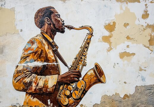 A vibrant and expressive mural of a man playing a saxophone, painted on a weathered, peeling wall