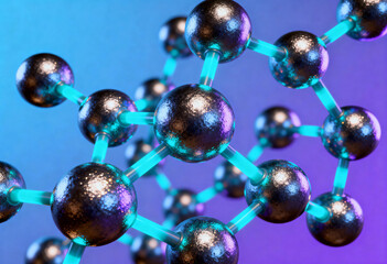 Abstract molecular structure with metallic spheres and blue connections