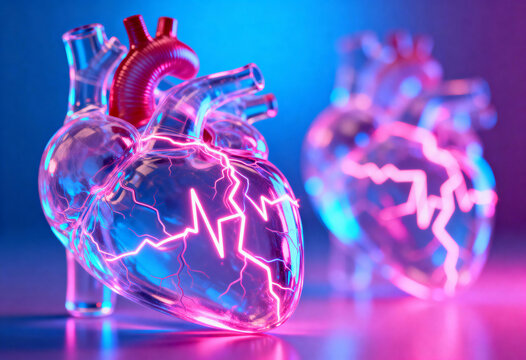 Futuristic transparent hearts with neon cardiogram pulses on vibrant background