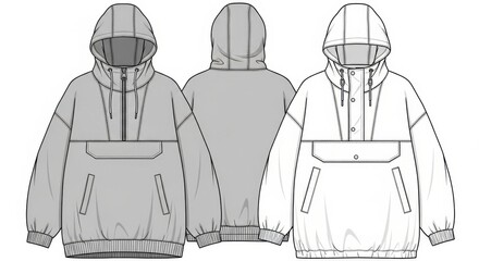 Detailed technical sketches showcase a hooded anorak design in varied perspectives and shades