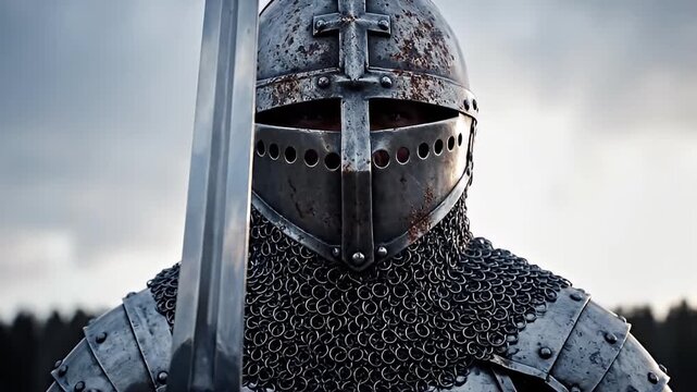 Medieval crusader knight in full rusty armor holding a large shining sword stands ready for battle under an overcast sky