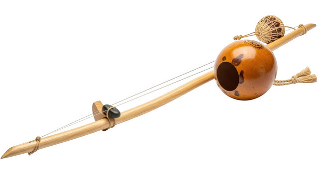 Berimbau musical instrument with gourd resonator and woven ball