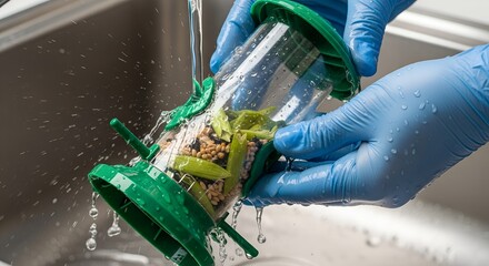 Washing a kitchen gadget with food remnants under running water