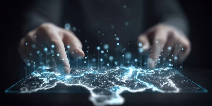 Real time data processing: Man viewing a stream of rapidly updating customer interactions flowing onto his transparent digital workspace