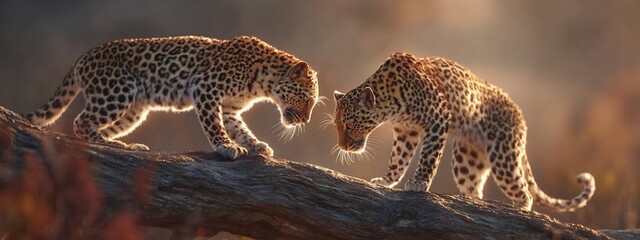 Obraz premium Leopards Facing Off on a Tree Branch