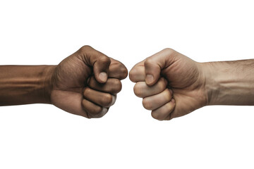Two fists one dark skin one light skin touching in a gesture of unity and connection isolated on a transparent background