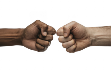 Two fists one dark skin one light skin touching in a gesture of unity and connection isolated on a transparent background