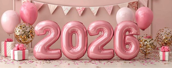 Pastel pink 2026 celebration with balloons, banners, and gifts for a festive party setup