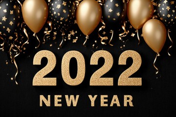 New Year celebration with gold balloons and glitter numbers 2022 on black backdrop for festive poster
