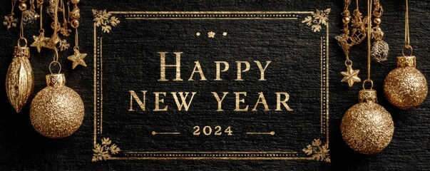 Elegant gold New Year card with hanging ornaments and festive message, perfect for luxury celebration visuals