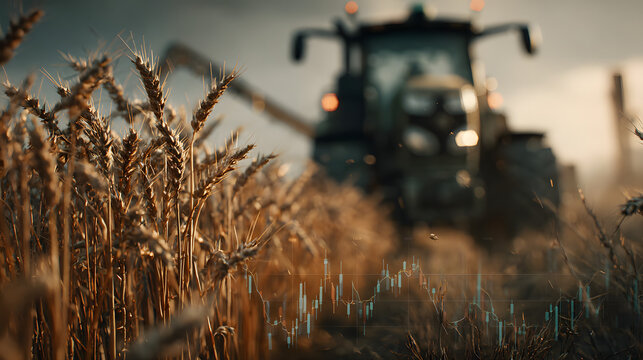Tractor harvesting wheat in field with financial graphs overlay illustrating agricultural economics - Powered by Adobe