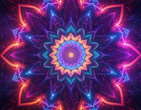 Symmetrical floral design with vibrant neon colors and intricate details - Powered by Adobe