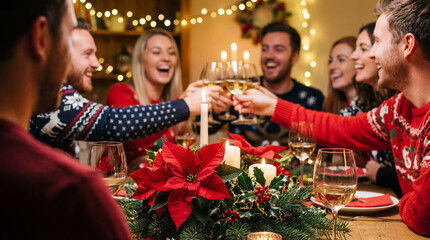 Joyful friends celebrate Christmas together, toasting with wine at a beautifully decorated dinner table with festive lights and holiday spirit.