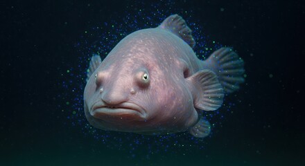 Deep sea blobfish portrait with luminous specks creating an ethereal underwater scene