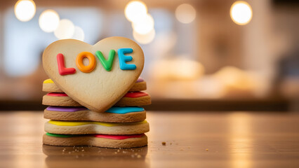 Stack of colorful heart cookies spelling love