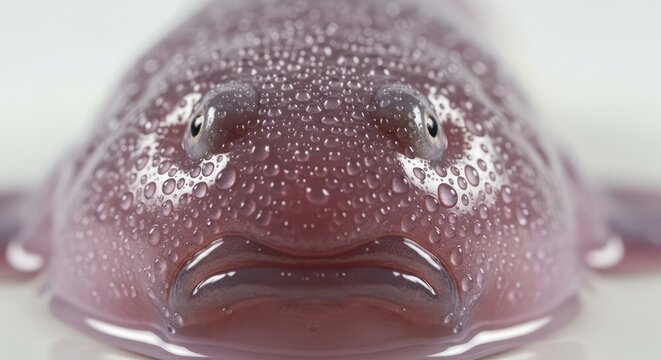 Close-up of a blobfish face with water droplets against a blurry background