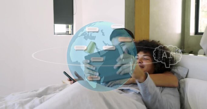 Man behind tapping phone and hugging front man sharing tablet on bed, AI globe orbiting above