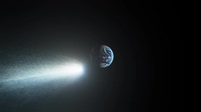 Catching Up to Comet in Deep Space with Ice Debris Particles Heading Towards Planet Earth on Black Background. Glowing Mysterious Object Hurtling Through Galaxy. 3D Animation Rendering of 3i Atlas.