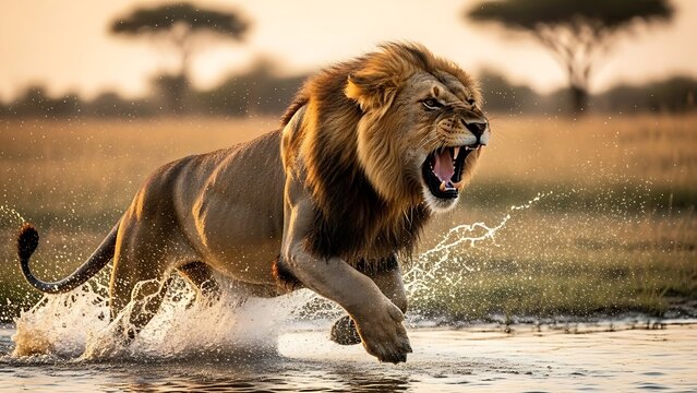 Roaring Lion Charging Through Water - A Majestic Wildlife Encounter.