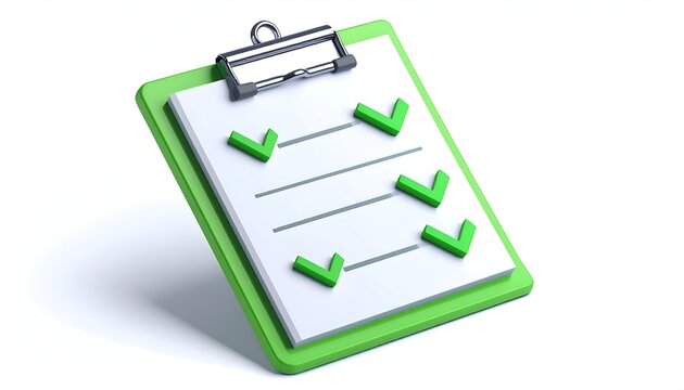 A green clipboard with checked items, against a white background with soft shadows