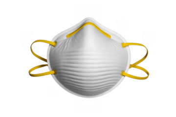 White respirator mask with yellow straps and textured surface isolated on a transparent background