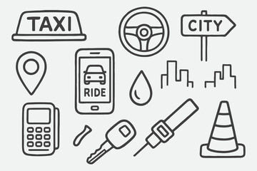 Hand-Drawn Urban Taxi & Rideshare Essentials — Playful Black and White Sketch Vector Set