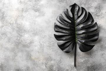 Dark monstera leaf against a grey, textured background