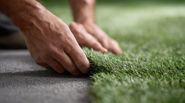 Artificial grass turf installation hands closeup with calm focus on precise outdoor work