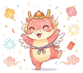 Cute kawaii red dragon, Joyful little emperor dragon, Lunar New Year celebration mascot. Spring festival dragon symbol. Vector asian dragon character with lanterns