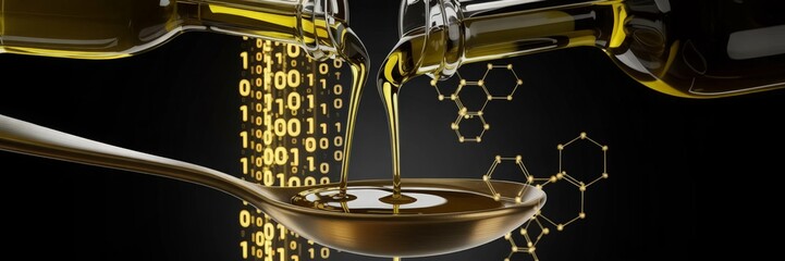 Olive oil pouring onto spoon with digital chemical molecules and binary data
