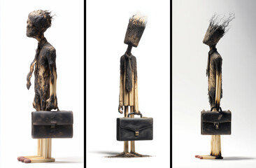 Hyper-realistic Surreal Full Figure of a Burnt Matchstick Businessman, Symbolizing Workplace Burnout, Emotional Exhaustion, Chronic Work-Related Stress, on White Background, Copy Space. Generative Ai.