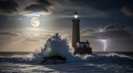 Dramatic coastal scene with a lighthouse under a full moon and lightning strikes providing