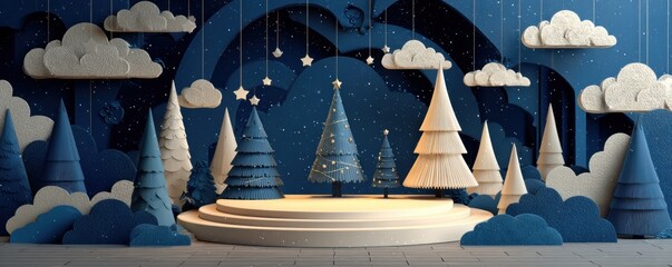 Three-dimensional paper Christmas trees on a circular podium in a blue, starry winter scene