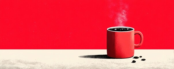 Red mug with steaming coffee on a white surface under a bold red background