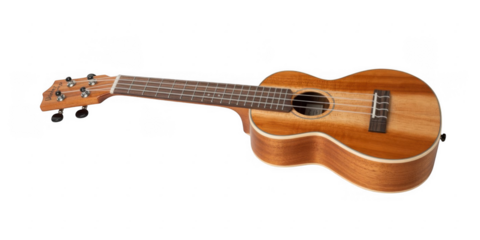 Wooden ukulele with four strings and tuning pegs on a black background isolated on a transparent background