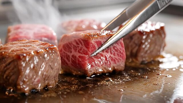 Close up of premium wagyu beef cubes searing on a hot teppanyaki grill with metal tongs turning a perfectly marbled piece