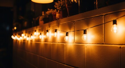 Warm illuminating string lights, casting a gentle amber glow across a textured wall