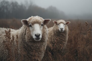 Obraz premium Two sheep stand calmly in a field on a foggy day, gazing at the camera. 