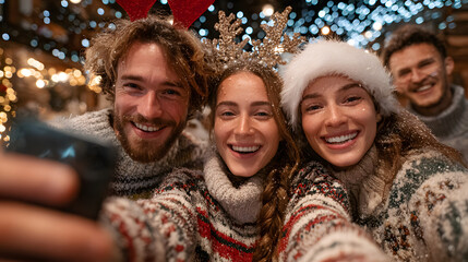 Faceless team taking selfie with Christmas props, defocused lights, winter office fun, holiday social media photo, seasonal employee bonding, festive workplace culture, New Year's corporate party
