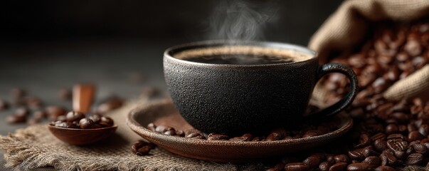 Steaming cup of coffee amid scattered beans on rustic saucer and burlap backdrop
